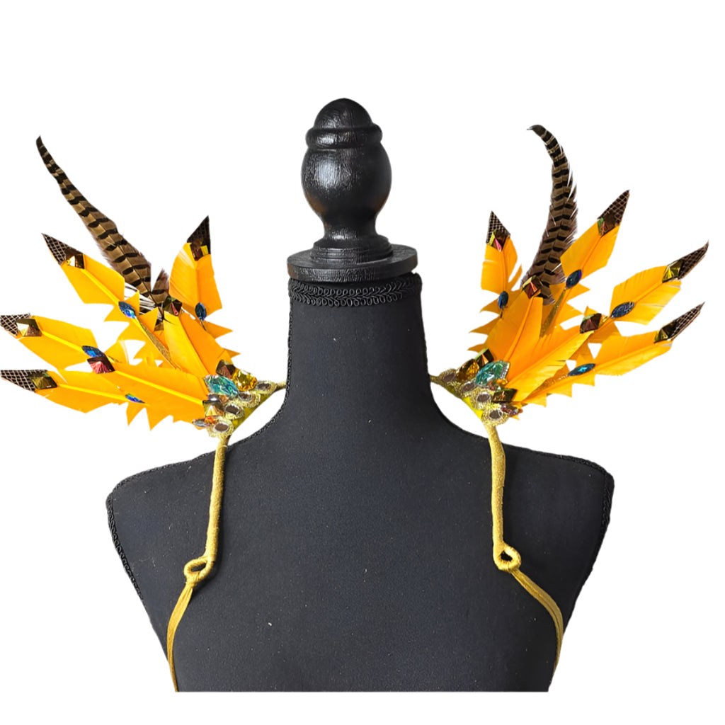 Desert Gold small feather collar wings, front view – golden yellow and brown feathers with sparkling embellishments | CarnivalMW