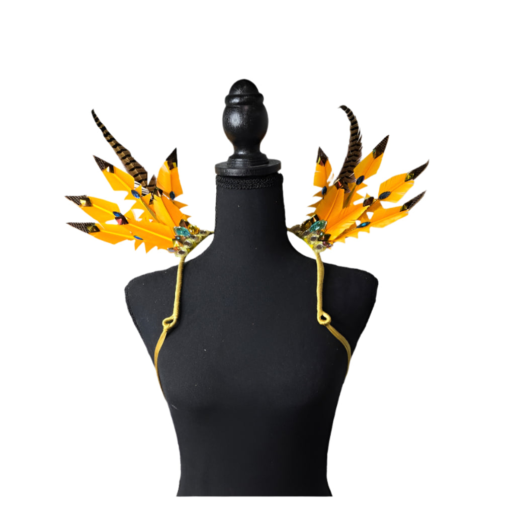 Desert Gold Small Feather Collar Wings-Desert Gold small feather collar wings, front view – golden yellow and brown feathers with sparkling embellishments | CarnivalMW