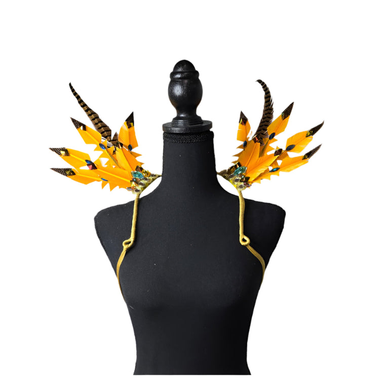 Desert Gold small feather collar wings, front view – golden yellow and brown feathers with sparkling embellishments | CarnivalMW