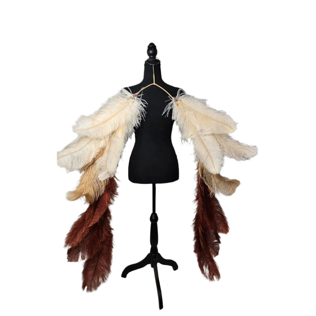 Desert Sands feather plume tail close-up – cream, tan and brown ombré ostrich plumes with sparkling accents | CarnivalMW