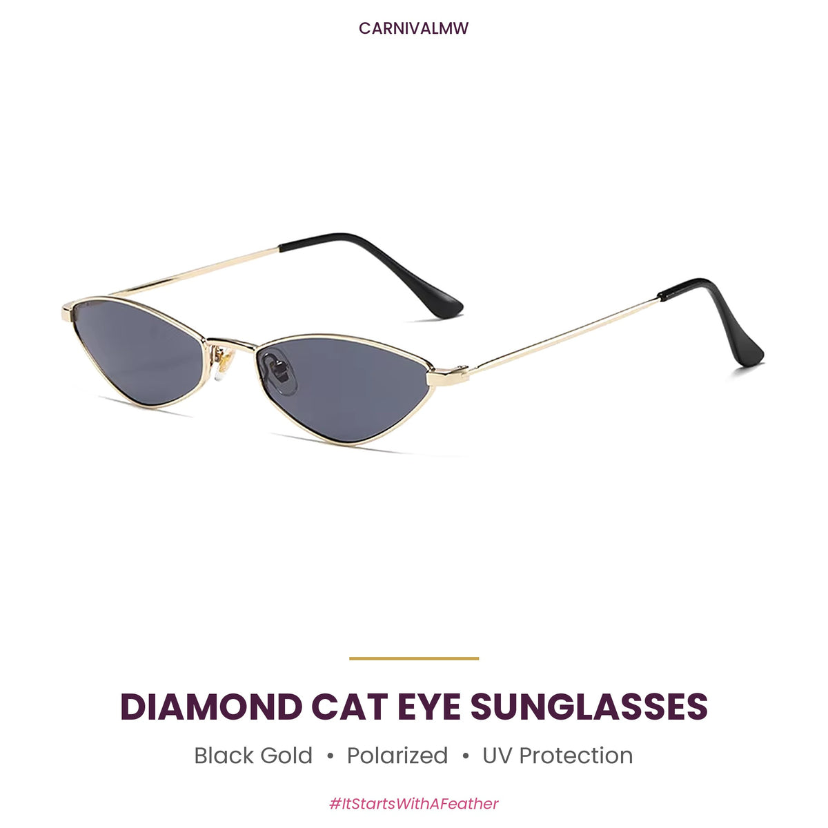 Diamond Cat Eye Polarized Sunglasses – Small Metal Frame-Black Gold diamond cat eye polarized sunglasses by CARNIVALMW – black lenses in a small gold-tone metal frame with UV protection