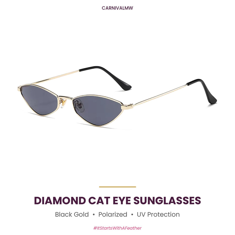 Black Gold diamond cat eye polarized sunglasses by CARNIVALMW – black lenses in a small gold-tone metal frame with UV protection