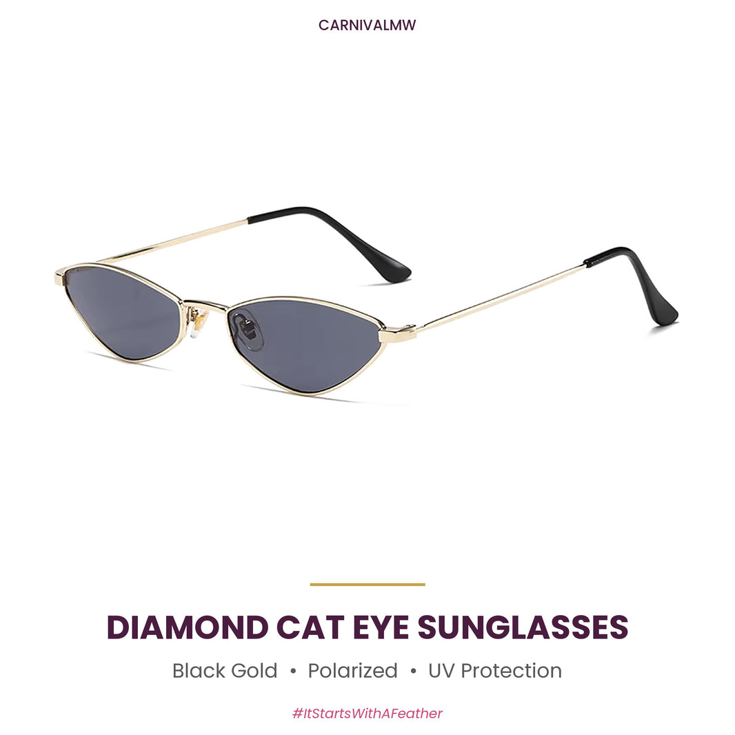 Black Gold diamond cat eye polarized sunglasses by CARNIVALMW – black lenses in a small gold-tone metal frame with UV protection