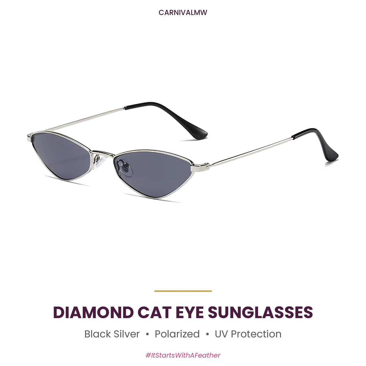 Diamond Cat Eye Polarized Sunglasses – Small Metal Frame-Black Silver diamond cat eye polarized sunglasses by CARNIVALMW – black lenses in a small silver-tone metal frame with UV protection
