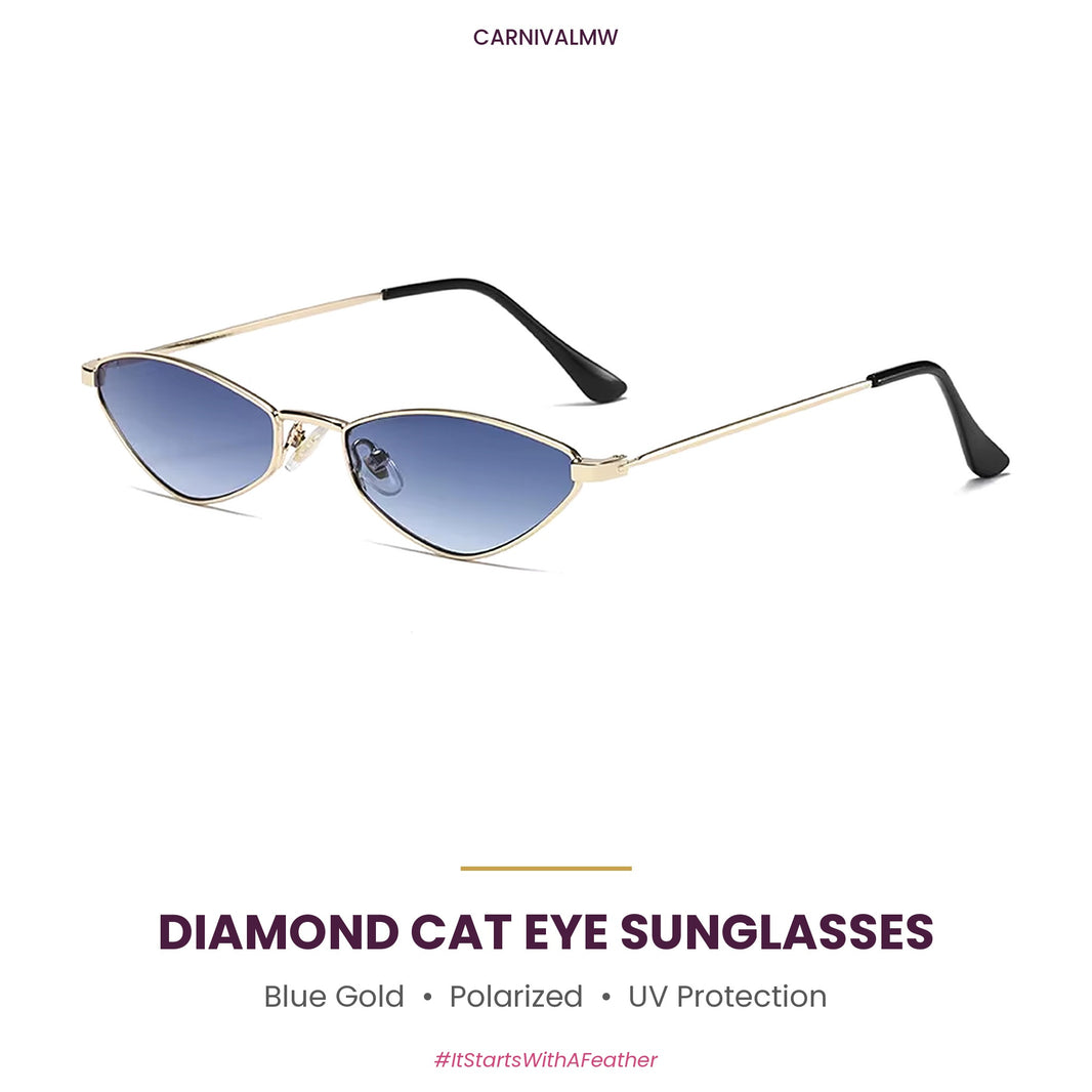 Diamond Cat Eye Polarized Sunglasses – Small Metal Frame-Blue Gold diamond cat eye polarized sunglasses by CARNIVALMW – gradient blue lenses in a small gold-tone metal frame