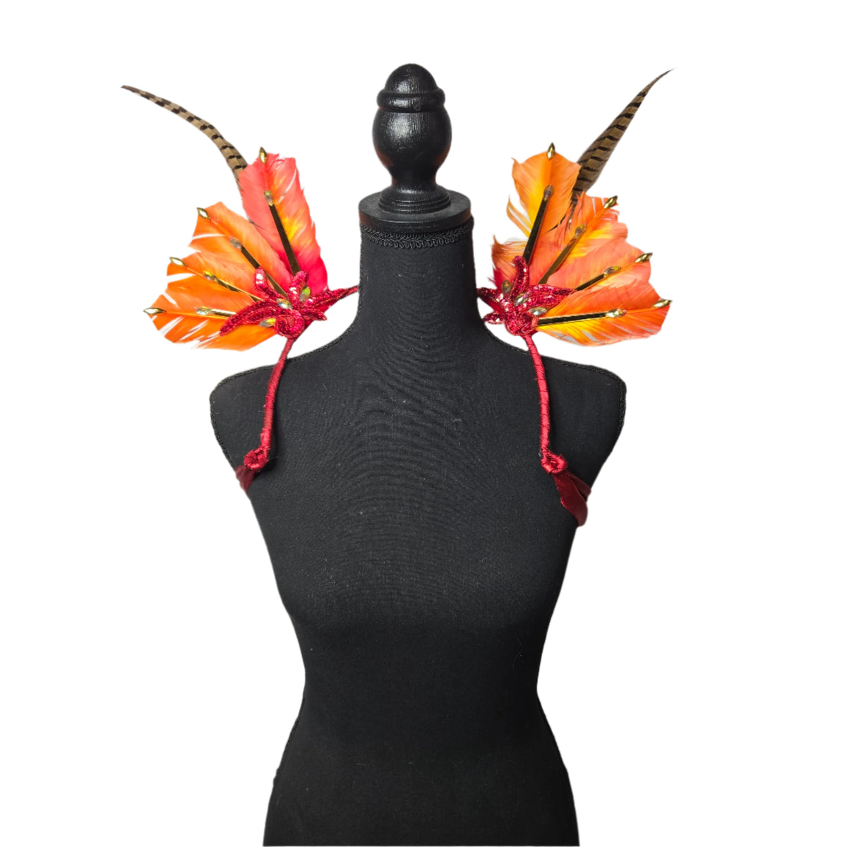 Fiery Sunset Small Feather Collar Wings-Fiery Sunset small feather collar wings, front view – orange and red feathers with gold accents | CarnivalMW
