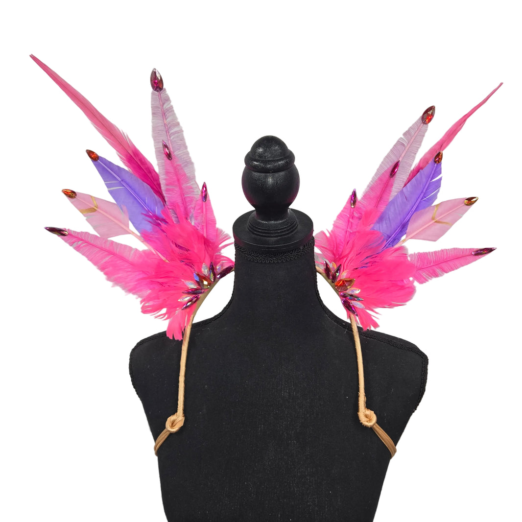 Flamingo Crush small feather collar wings on a mannequin – hot pink, blush and lavender feathers with fuchsia AB rhinestone tips | CarnivalMW