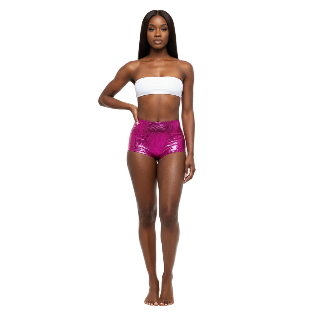 Fuchsia Holographic Carnival Cheekies Hot Shorts — shimmering holographic booty shorts for carnival, jouvert, fetes, and festivals