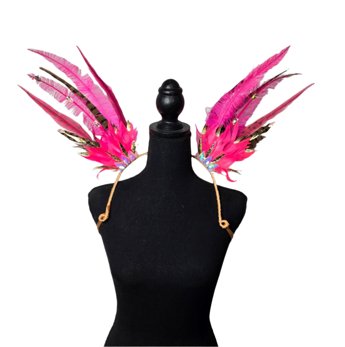 Fuchsia Pink Small Feather Collar Wings-Fuchsia Pink small feather collar wings, front view – hot pink feathers with gold accents | CarnivalMW