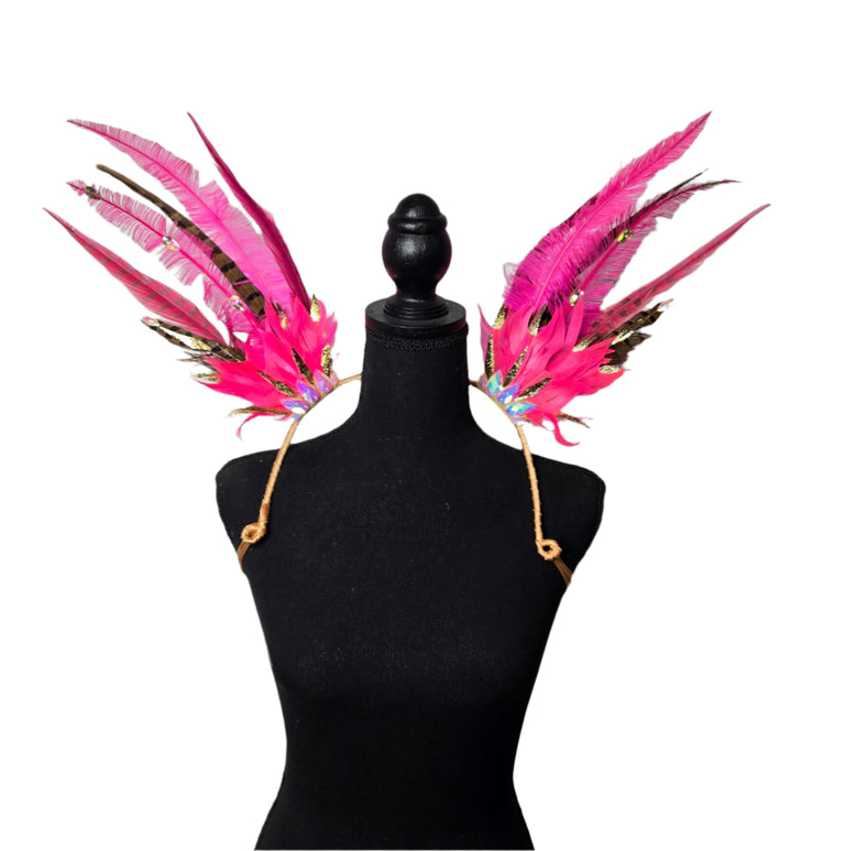 Fuchsia Pink small feather collar wings, front view – hot pink feathers with gold accents | CarnivalMW