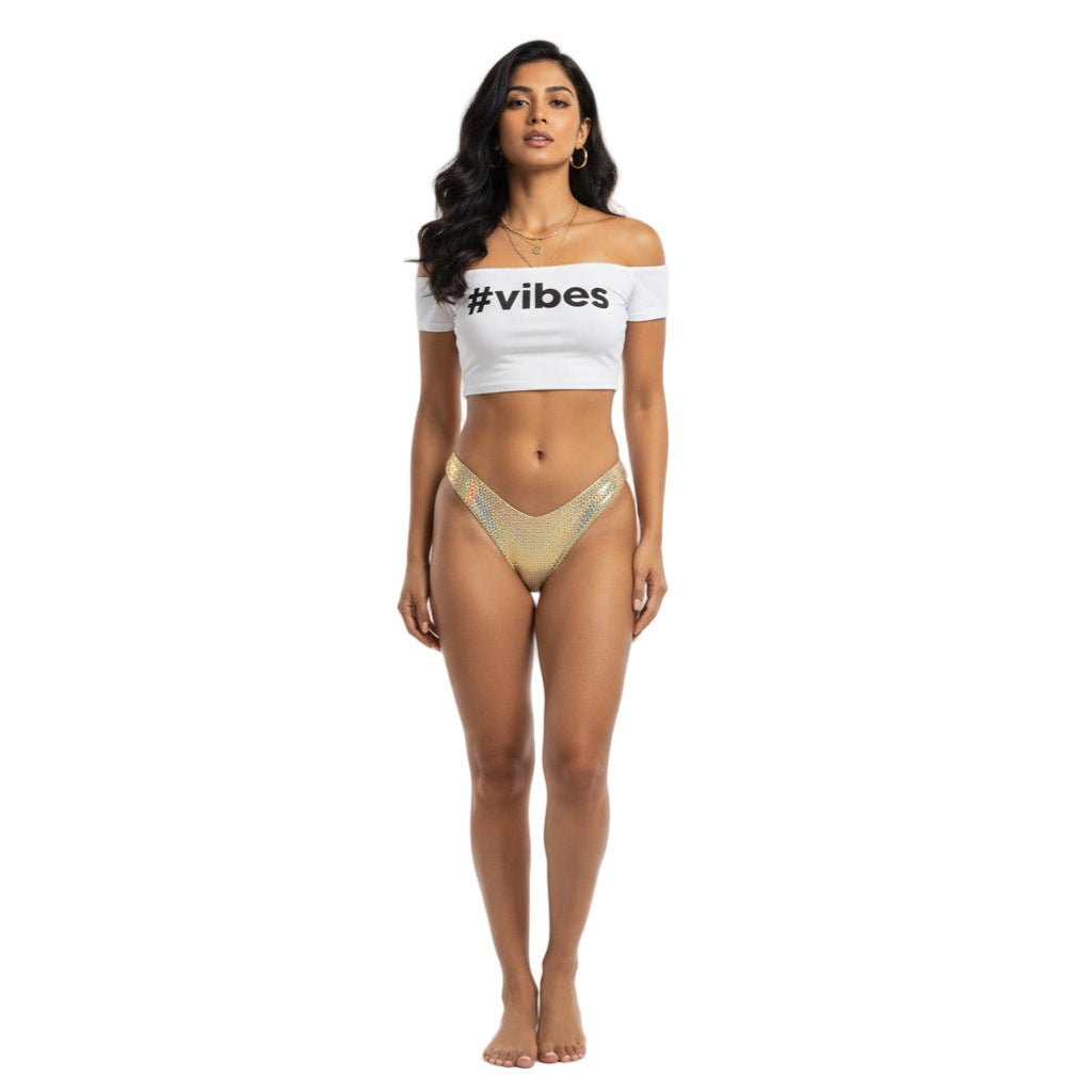 Gold Carnival Vibes Bikini Bottoms — vibrant mix-and-match bottoms to pair with carnival costumes, Mondaywear, and festival looks