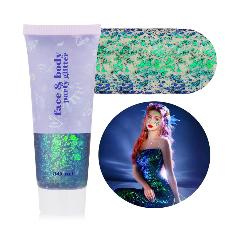Green Face & Body Glitter — sparkling glitter for face and body, perfect for carnival, jouvert, and festivals