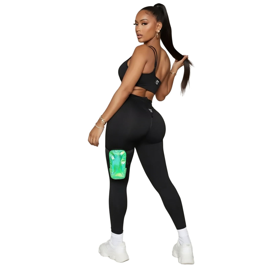 Green HoloGlam Carnival Thigh Bag — hands-free carnival thigh bag for phone and essentials at fetes, jouvert, and festivals