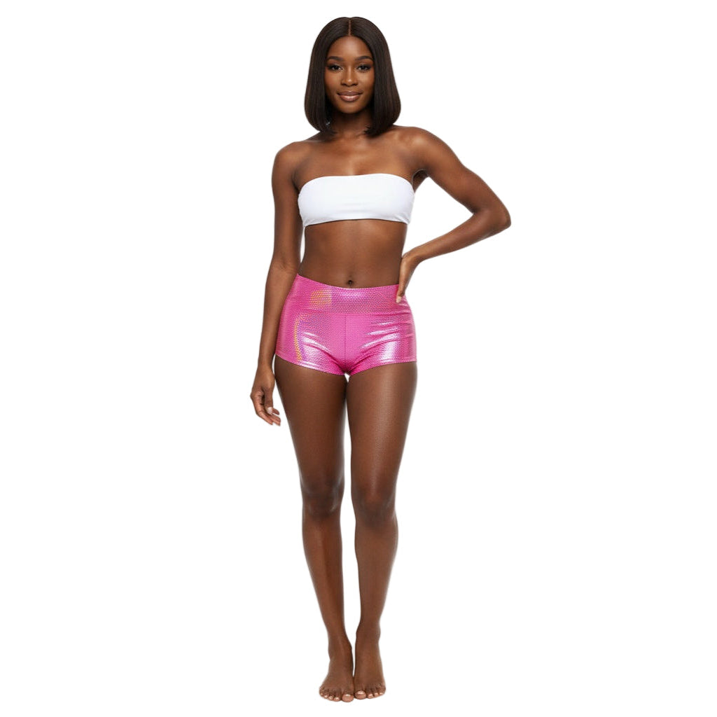 Hot Pink Holographic Carnival Cheekies Hot Shorts — shimmering holographic booty shorts for carnival, jouvert, fetes, and festivals