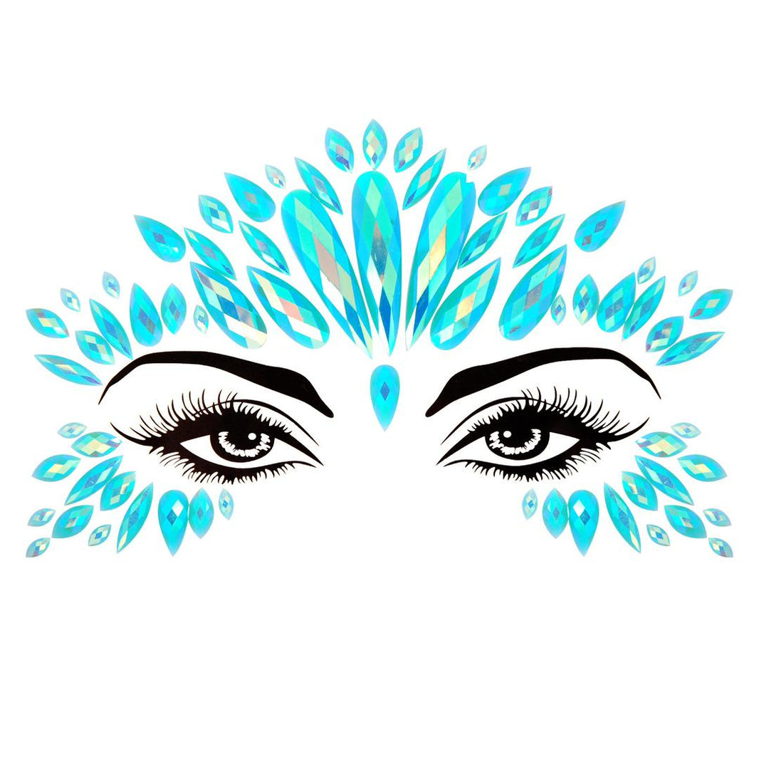 Light Blue Prism Crown Face Gems Stickers — reflective rhinestone face gems with adjustable fit for carnival and festival looks, ages 12 and up