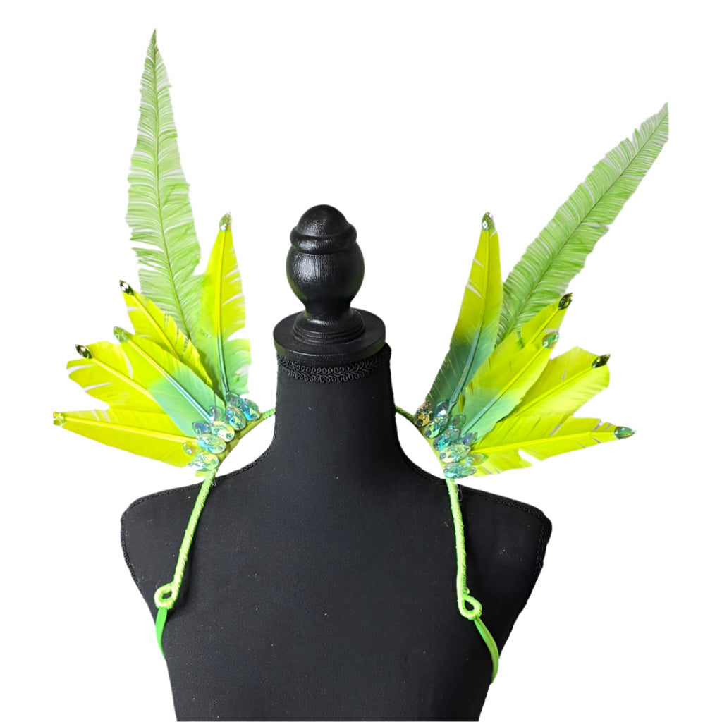 Lime Glow small feather collar wings, front view – neon lime green and yellow feathers with sparkling accents | CarnivalMW