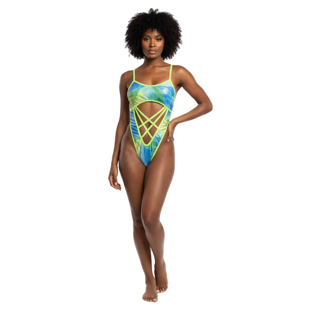 Mekka One-Piece Monokini Swimsuit Mondaywear — bold one-piece swimsuit for carnival Monday wear, fetes, festivals, pool, and beach