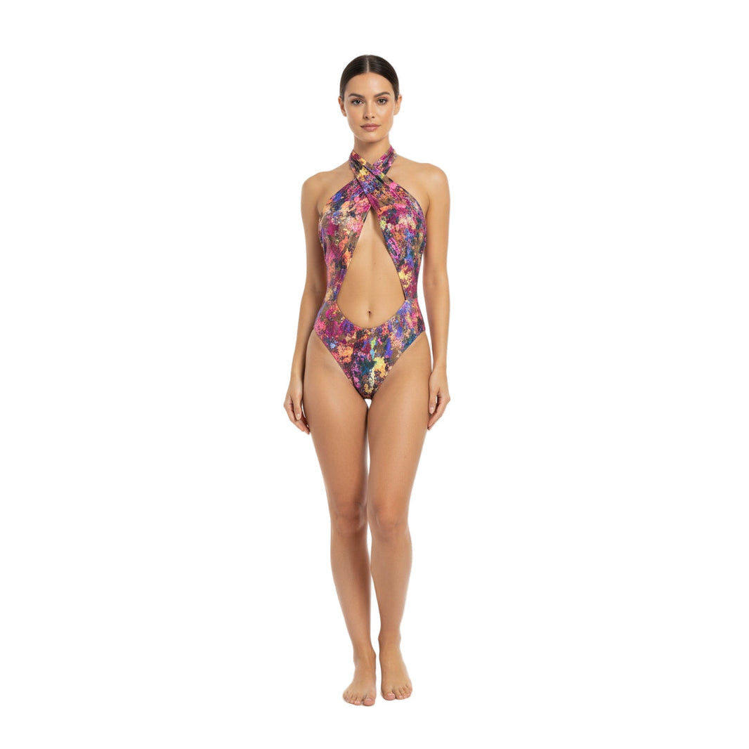 Metal Rainbow One-Piece Monokini Swimsuit Mondaywear — bold one-piece swimsuit for carnival Monday wear, fetes, festivals, pool, and beach