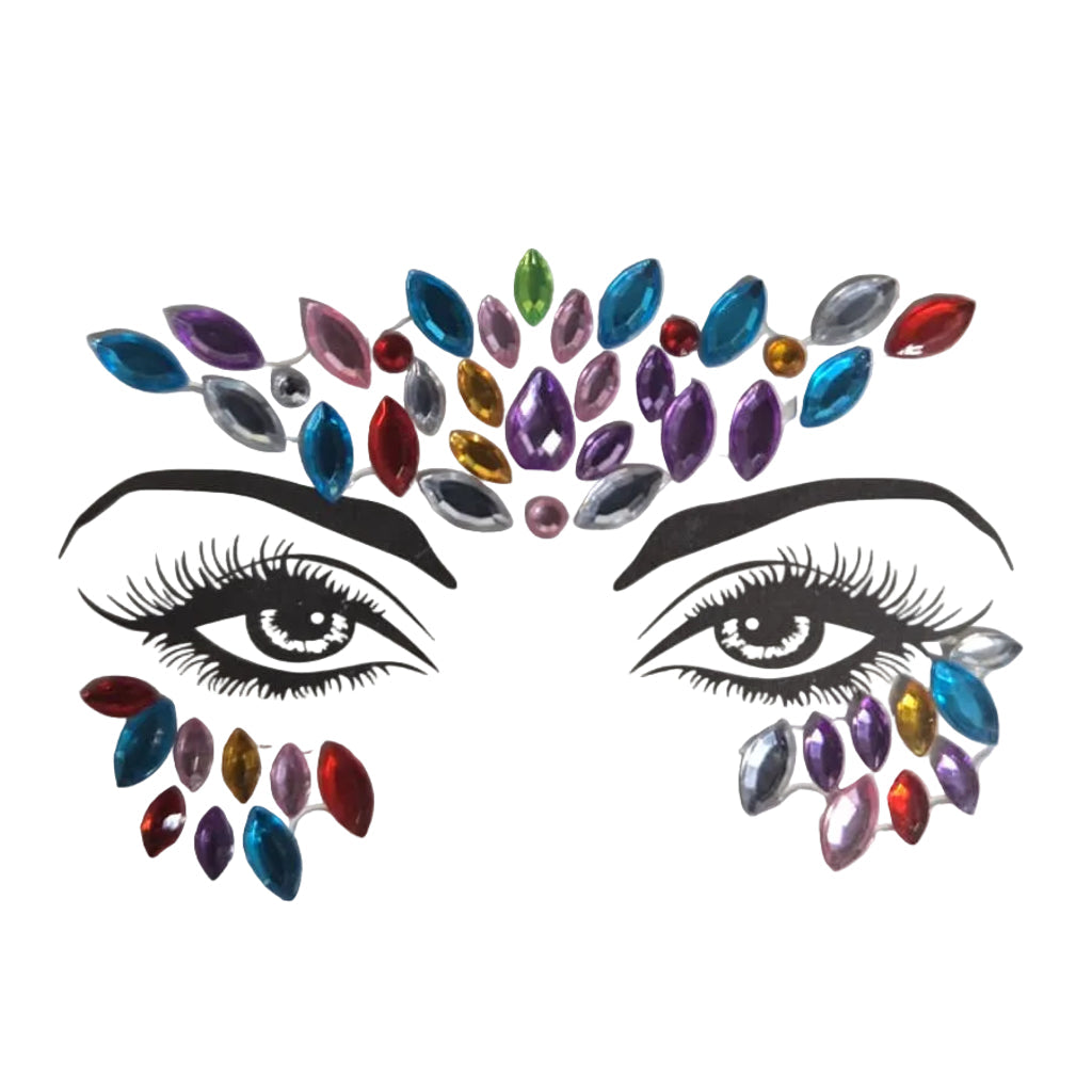Multicolored Mini Crown Face Gems Stickers — reflective rhinestone face gems with adjustable fit for carnival and festival looks, ages 12 and up