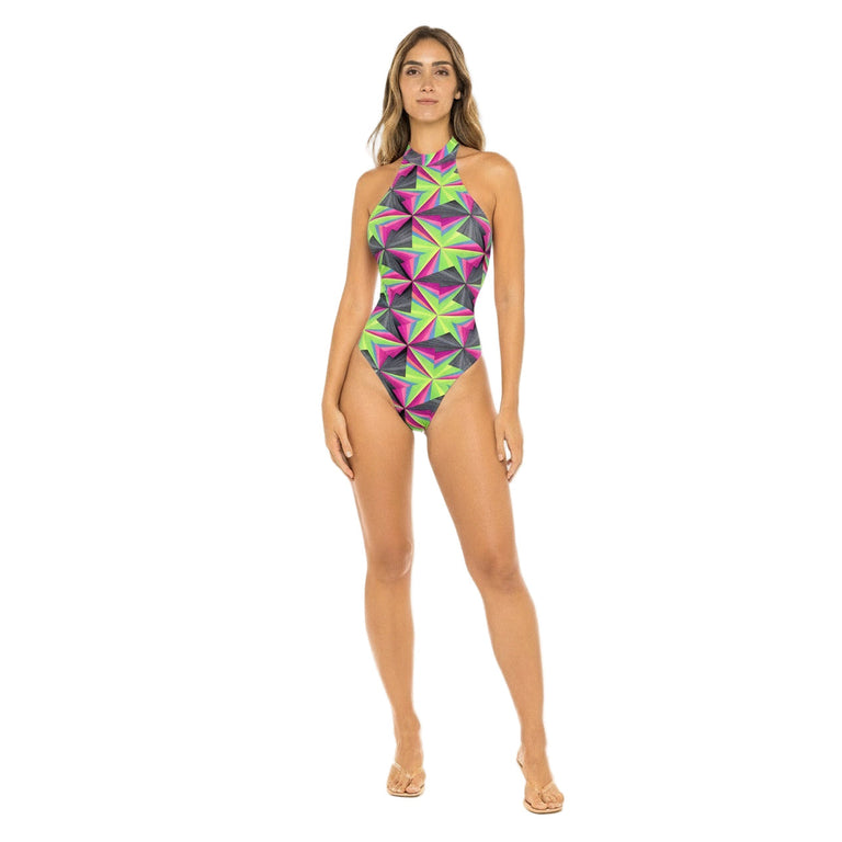 Neon Rain One-Piece Monokini Swimsuit Mondaywear — bold one-piece swimsuit for carnival Monday wear, fetes, festivals, pool, and beach