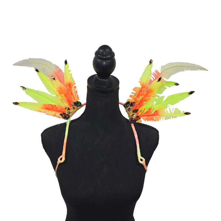 Neon Tango small feather collar wings on a mannequin – neon yellow and orange ombré feathers with rainbow rhinestone tips and glitter straps | CarnivalMW
