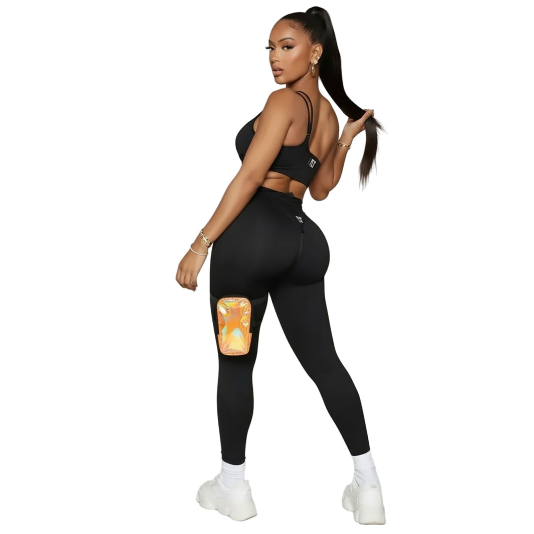 Orange HoloGlam Carnival Thigh Bag — hands-free carnival thigh bag for phone and essentials at fetes, jouvert, and festivals