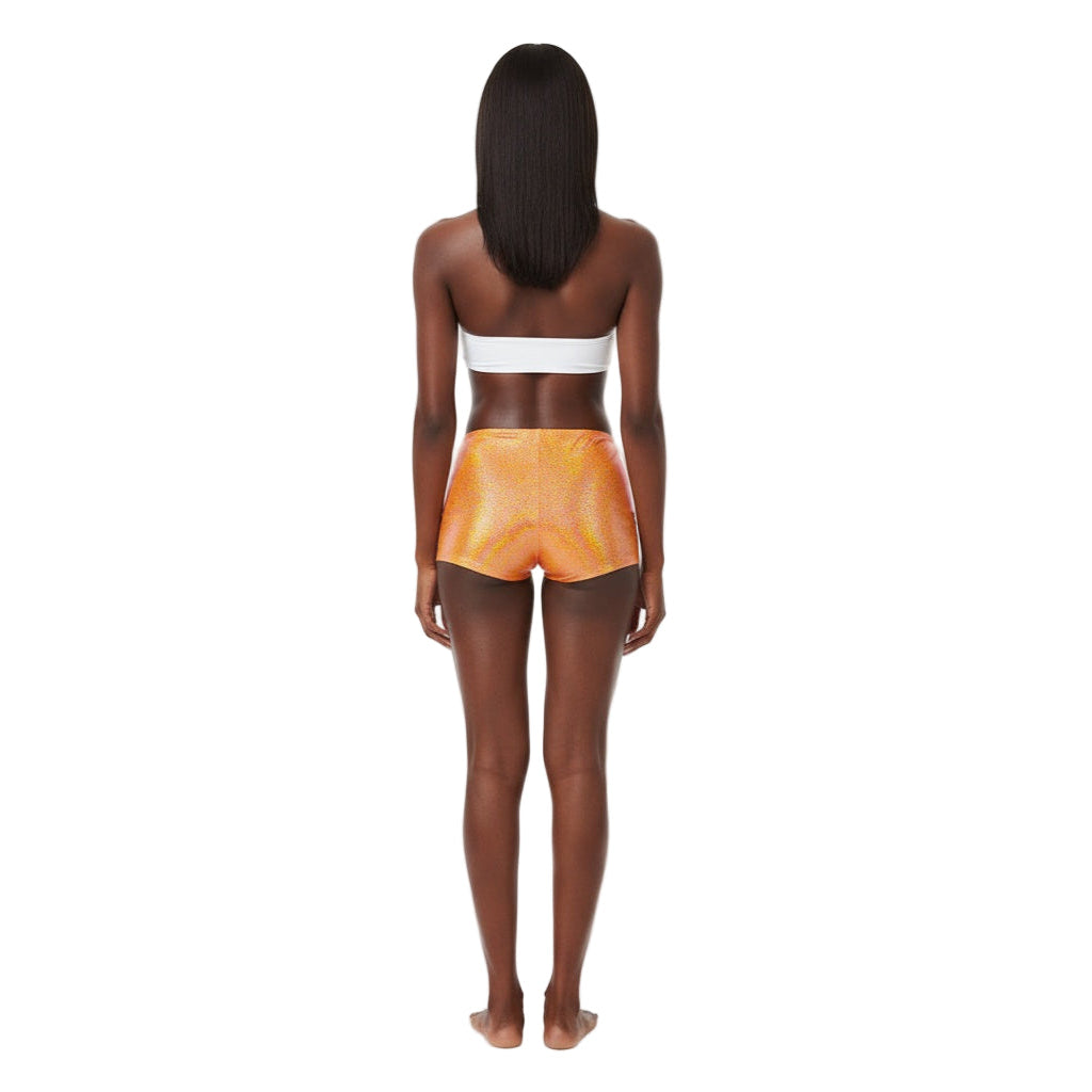Orange Holographic Carnival Cheekies Hot Shorts — shimmering holographic booty shorts for carnival, jouvert, fetes, and festivals