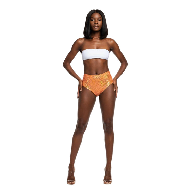 Orange Holographic Carnival Cheekies Hot Shorts – shimmering booty cut for jouvert, fetes and festivals