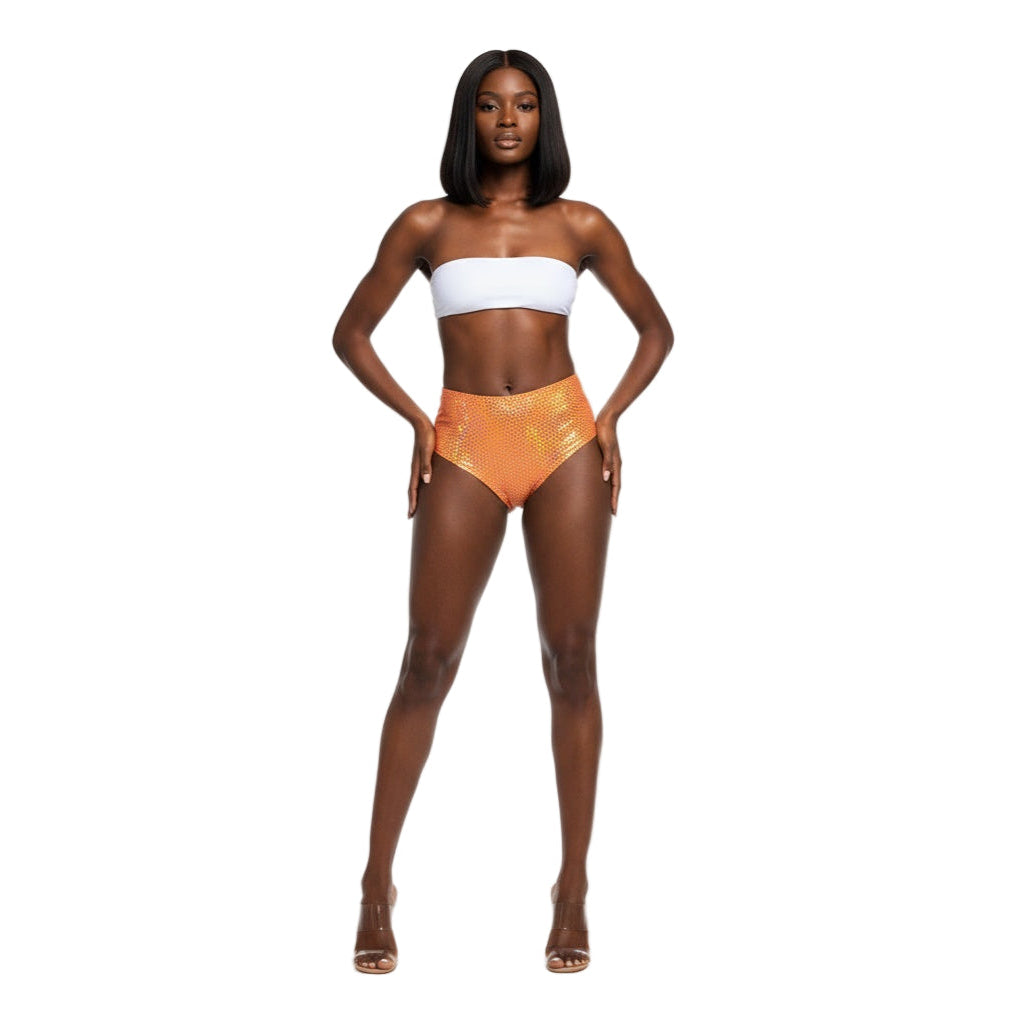 Orange Holographic Carnival Cheekies Hot Shorts — shimmering holographic booty shorts for carnival, jouvert, fetes, and festivals