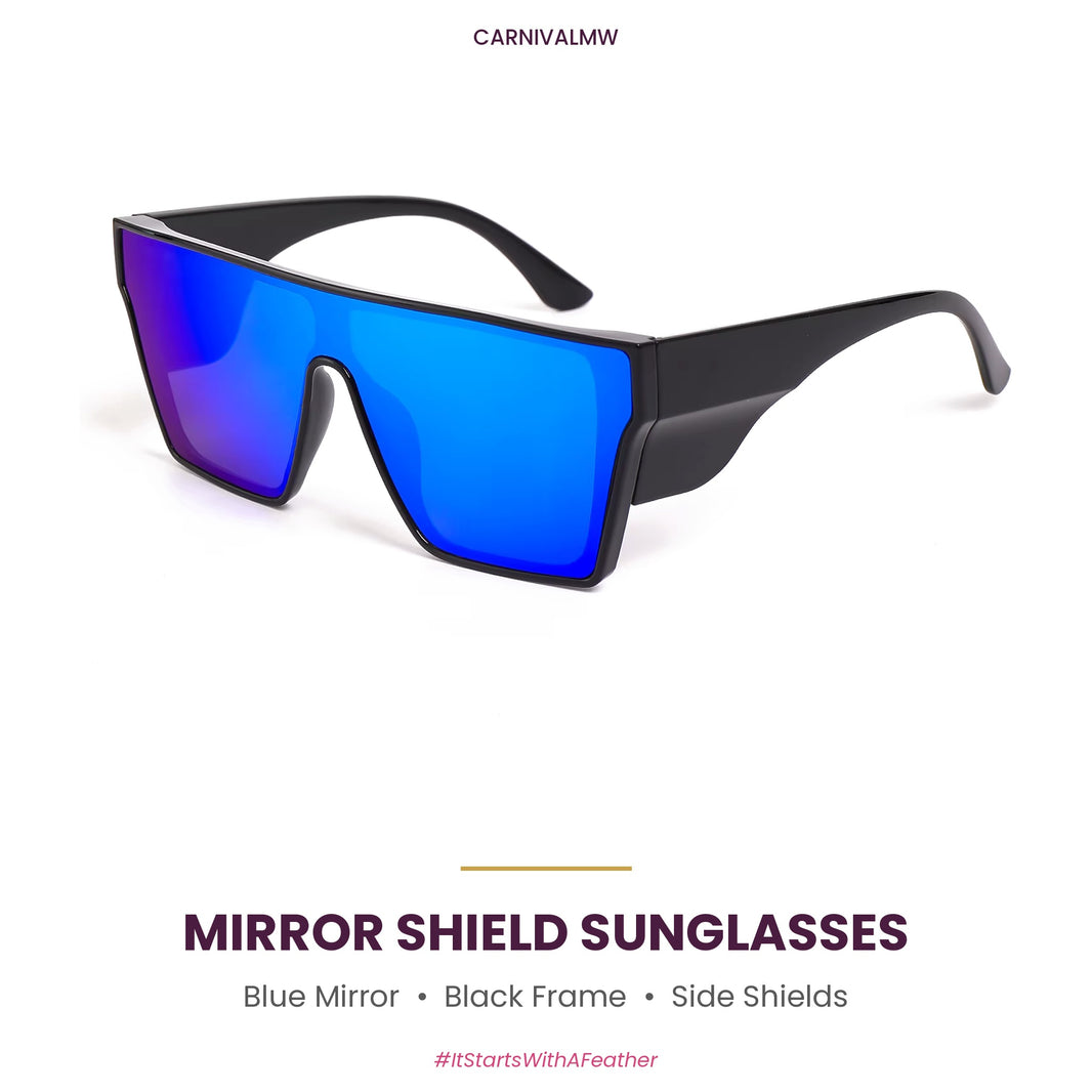 Blue mirror oversized shield sunglasses by CARNIVALMW – flat-top square mirrored lens, glossy black frame with side shields for J'ouvert and festivals