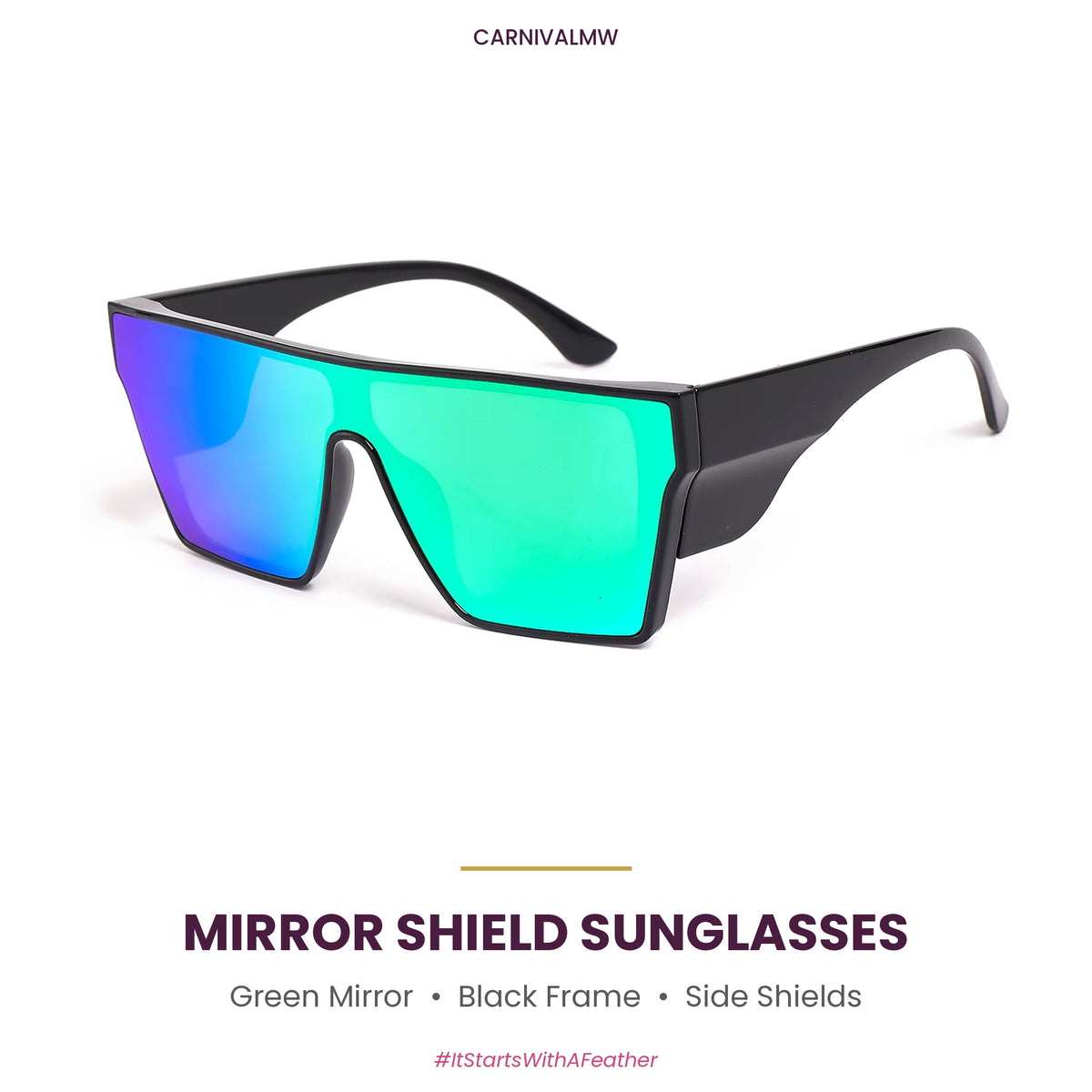 Oversized Mirror Shield Sunglasses – Black Frame with Side Shields-Green mirror oversized shield sunglasses by CARNIVALMW – colour-shifting mirrored lens, glossy black frame with side shields