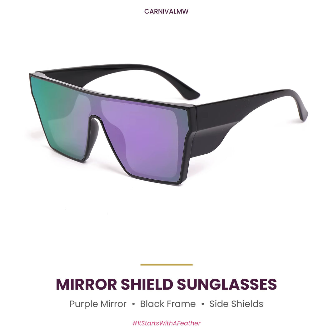 Oversized Mirror Shield Sunglasses – Black Frame with Side Shields-Purple mirror oversized shield sunglasses by CARNIVALMW – rainbow mirrored shield lens, glossy black frame with side shields for carnival
