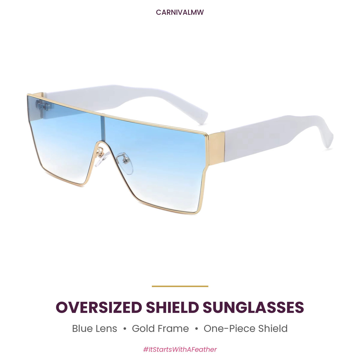 Oversized Square Shield Sunglasses – Gold Frame Colored Lens Shades-Blue oversized square shield sunglasses by CARNIVALMW – gradient blue one-piece lens, gold-tone metal frame and white arms