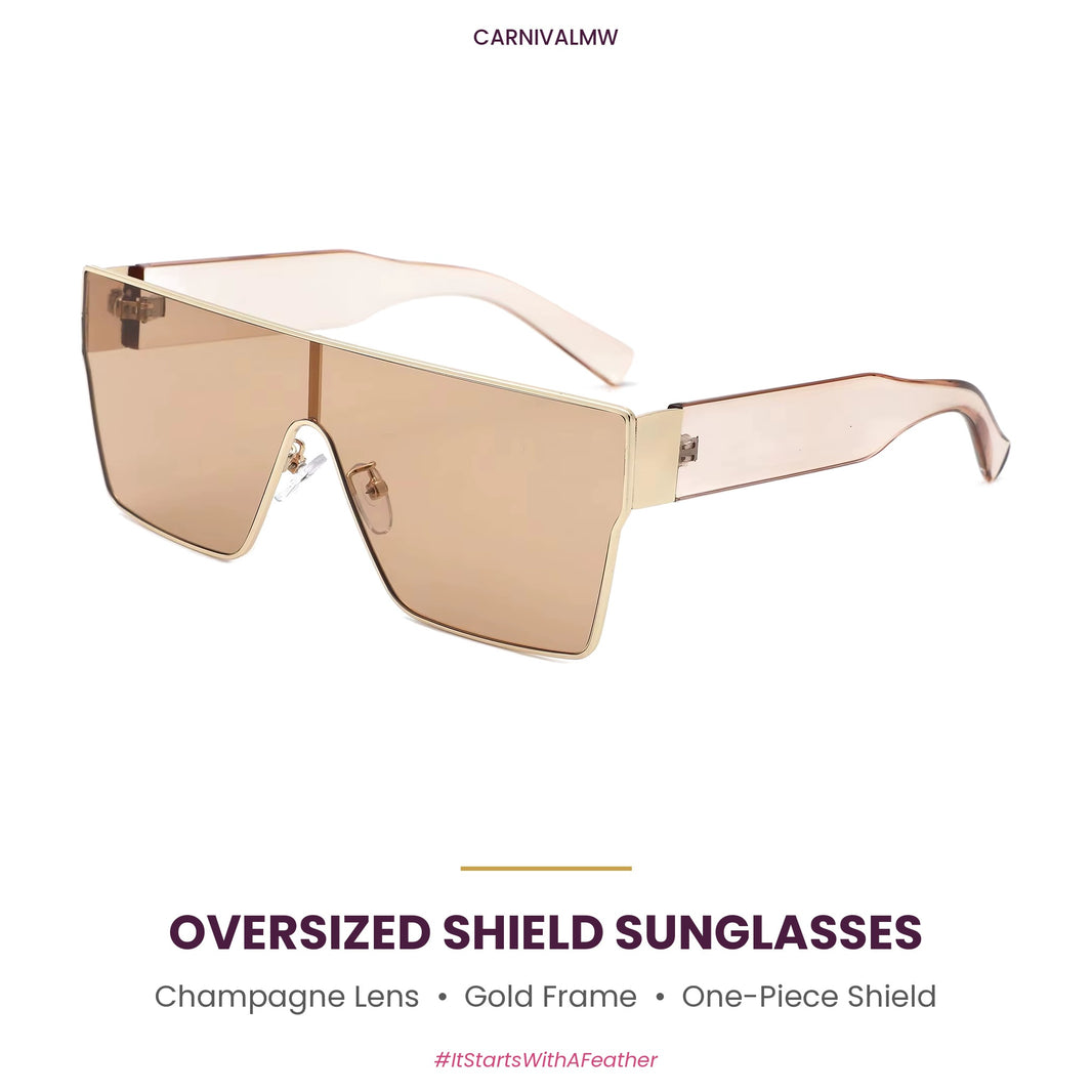 Blue oversized square shield sunglasses by CARNIVALMW – gradient blue one-piece lens, gold-tone metal frame and white arms