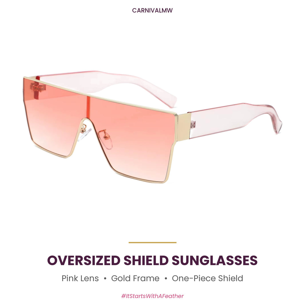 Oversized Square Shield Sunglasses – Gold Frame Colored Lens Shades-Pink oversized square shield sunglasses by CARNIVALMW – gradient pink one-piece lens, gold-tone metal frame and clear pink arms