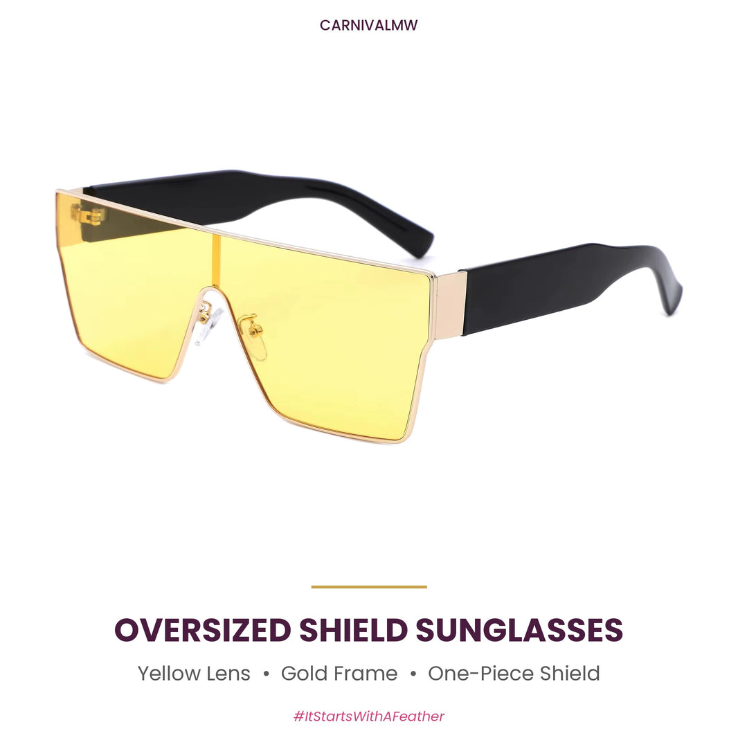 Oversized Square Shield Sunglasses – Gold Frame Colored Lens Shades-Yellow oversized square shield sunglasses by CARNIVALMW – yellow one-piece lens, gold-tone metal frame and black arms