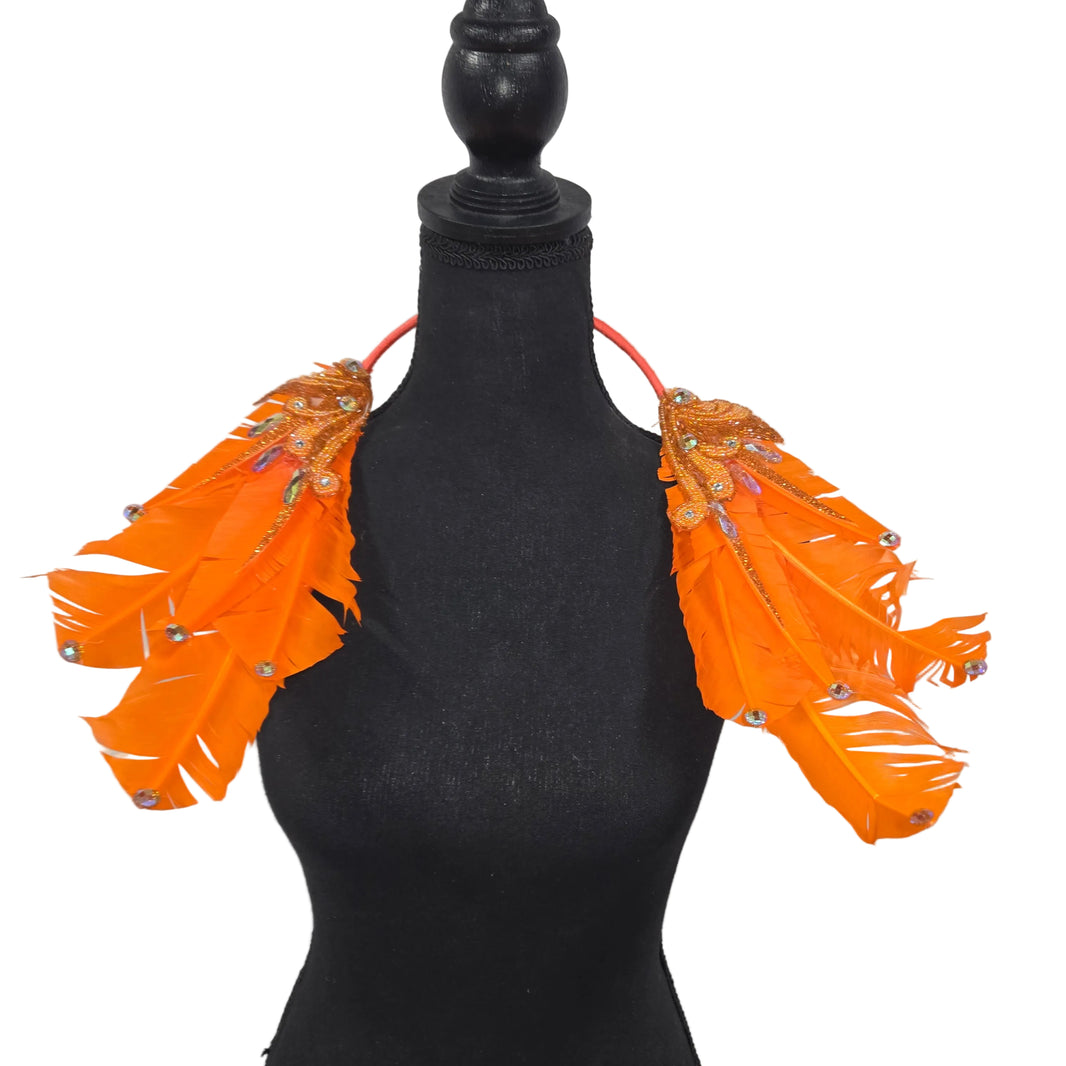 Papaya Drape small feather collar wings on a mannequin – wide draped orange feathers with AB rhinestone tips, beaded appliqué and halter strap | CarnivalMW