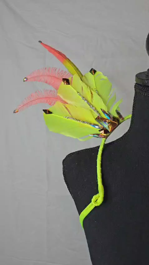 Citrus Bloom Feather Small Collar Wings featuring a vibrant mix of neon yellow and pink feathers with sparkling accents; lightweight, adjustable, and handmade for carnival and festival wear. #CARNIVALFEATHERS #CARNIVAL #CARNIVALCOSTUMES