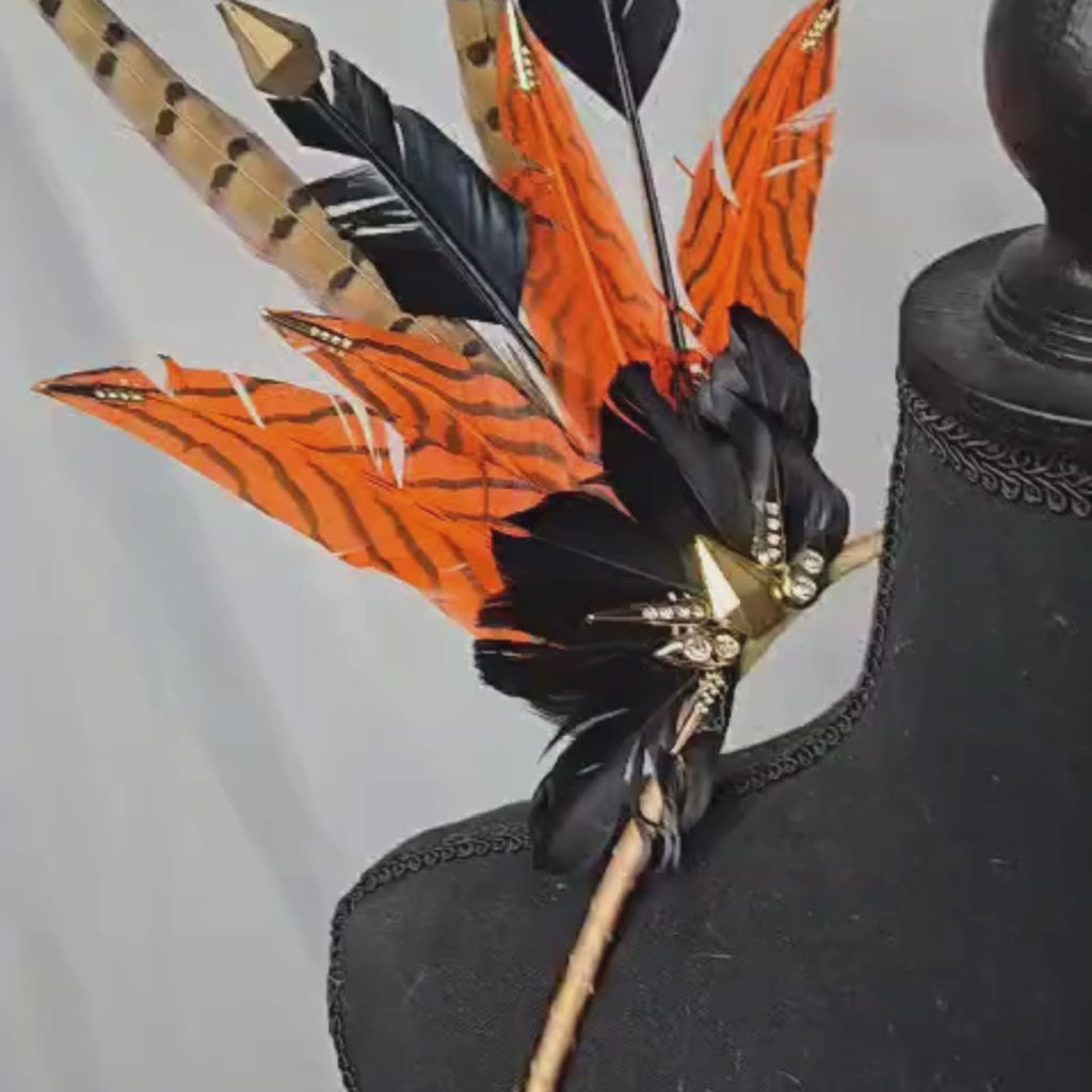 Video of Savannah Blaze Feather Small Collar Wings featuring bold orange and black feathers with intricate gold accents. Lightweight and perfect for festivals, carnivals, and stage performances. #carnivalmw