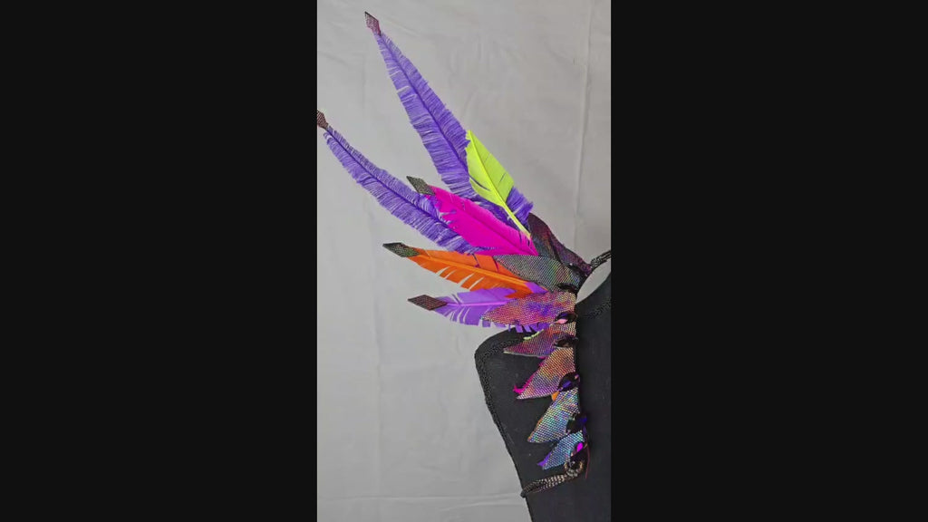 Purple Rain Feather Small Collar Wings featuring vibrant purple, silver, and indigo feathers with sparkling accents; lightweight, adjustable, handmade carnival accessory—perfect for festivals and performances. #CARNIVALFEATHERS #CARNIVAL #CARNIVALCOSTUMES