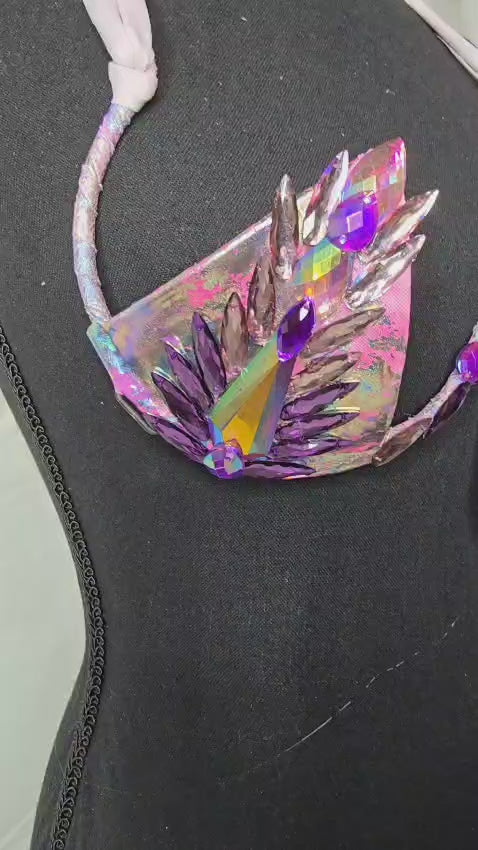 Crystal Prism Dream Decorated Wire Bra featuring holographic purple and pink wire cups, adorned with iridescent crystal jewels and dramatic hanging gemstone pendants—perfect for festivals, carnivals, and show-stopping performances. #CarnivalMW #FestivalFashion #CarnivalReady #WireBra