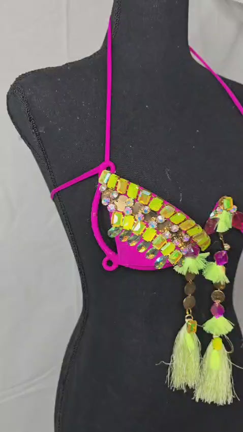 Lime Fiesta Fringe Decorated Wire Bra featuring a neon pink wire base, geometric lime and yellow gem patterns, and cascading neon green tassel fringe, displayed on a black mannequin—perfect for carnivals, samba dancers, and festival performances. #CarnivalMW #CarnivalReady #FestivalFashion #WireBra