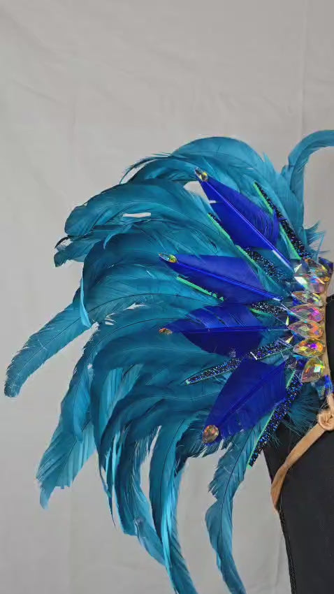 Azure Wave Feather Small Collar Wings featuring a vibrant blend of aqua blue and royal blue feathers with iridescent embellishments; lightweight, adjustable, and handmade for carnival and festival wear. #CARNIVALFEATHERS #CARNIVAL #CARNIVALCOSTUMES