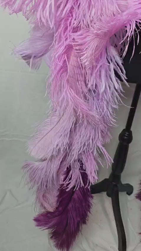 Purple Ombre Feather Tail featuring a stunning gradient of light lavender to deep purple ostrich plumes with sparkling accents; lightweight, adjustable, and handmade to attach easily to any carnival backpack for a dramatic, elegant flair. #CARNIVALFEATHERS #CARNIVAL #CARNIVALCOSTUMES