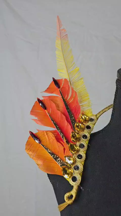 Solar Flare Feather Small Collar Wings featuring a vibrant blend of orange, yellow, and peach feathers with sparkling accents; lightweight, adjustable, and handmade for carnival and festival wear. #CARNIVALFEATHERS #CARNIVAL #CARNIVALCOSTUMES