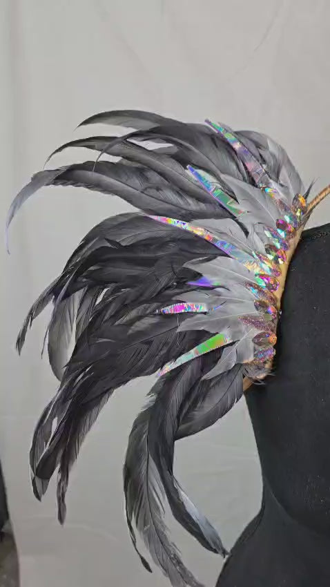 Silver Shadow Feather Small Collar Wings featuring a dramatic blend of black, silver, and iridescent feathers with sparkling embellishments; lightweight, adjustable, and handmade for carnival and festival wear. #CARNIVALFEATHERS #CARNIVAL #CARNIVALCOSTUMES