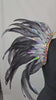 Silver Shadow Feather Small Collar Wings featuring a dramatic blend of black, silver, and iridescent feathers with sparkling embellishments; lightweight, adjustable, and handmade for carnival and festival wear. #CARNIVALFEATHERS #CARNIVAL #CARNIVALCOSTUMES