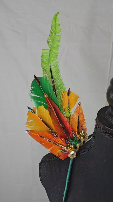 Jungle Sunrise Feather Small Collar Wings featuring a vibrant blend of green, orange, and yellow feathers with sparkling details and dramatic plumes; lightweight, adjustable, and handmade for carnival and festival wear. #CARNIVALFEATHERS #CARNIVAL #CARNIVALCOSTUMES