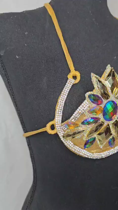 Gold Prism Petal Decorated Wire Bra-Video of the Gold Prism Petal Decorated Wire Bra showing iridescent crystal petal sparkle and rhinestone detailing on a mannequin