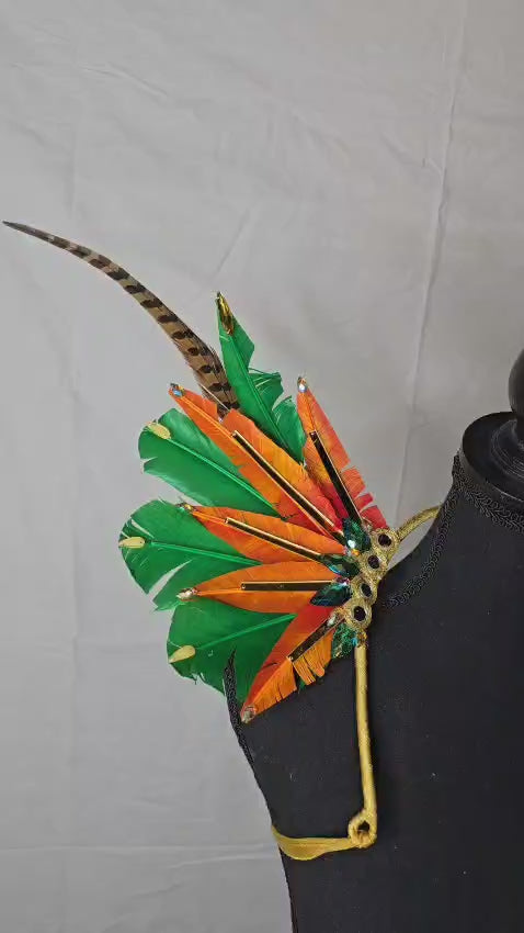 Tropical Flame Feather Small Collar Wings, featuring vibrant orange, yellow, and red feathers in a bold, tropical design—perfect for carnivals, festivals, and showgirl performances. #CarnivalMW #FestivalFashion #CarnivalReady #FeatherAccessorie